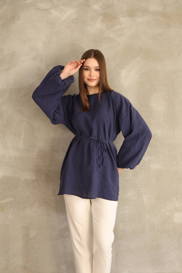 Women's Sleeves Balloon Detail Belted Modal Fabric Tunic