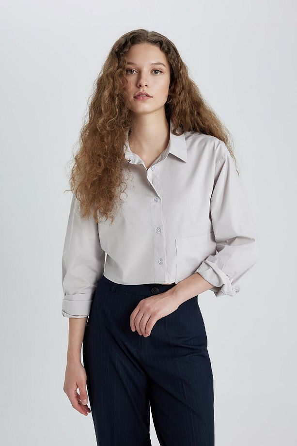 Oversize Geniş Kalıp Crop Poplin Uzun Kollu Gömlek C5026ax24sp - 4