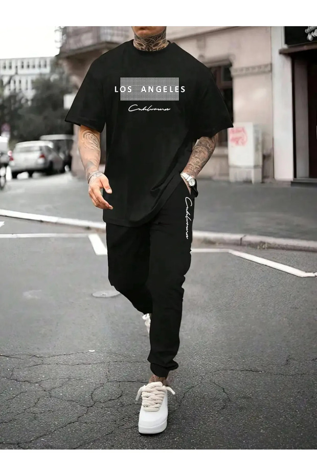 Trendy Clothing American City Los Angeles Print Bottom Top Tracksuit Set Oversize Crew Neck