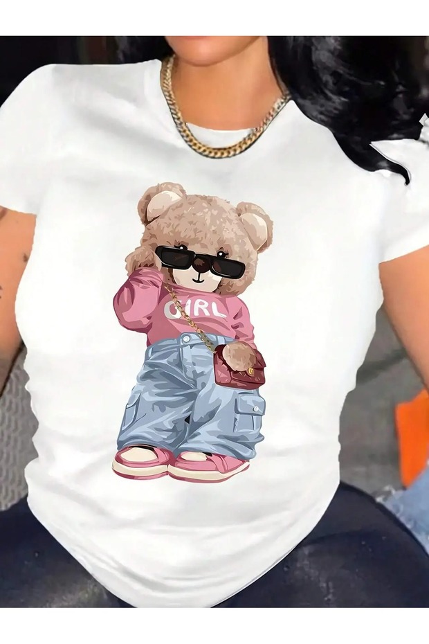 Stylish Cartoon Bear Print Comfortable Round Neck T-Shirt for Women, 100% Polyester Knitted Fabric,