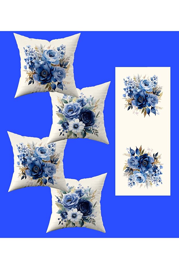 Cream Background Blue Floral Pattern Digital Printed Decorative 4 Throw Pillow Covers 1 Runner
