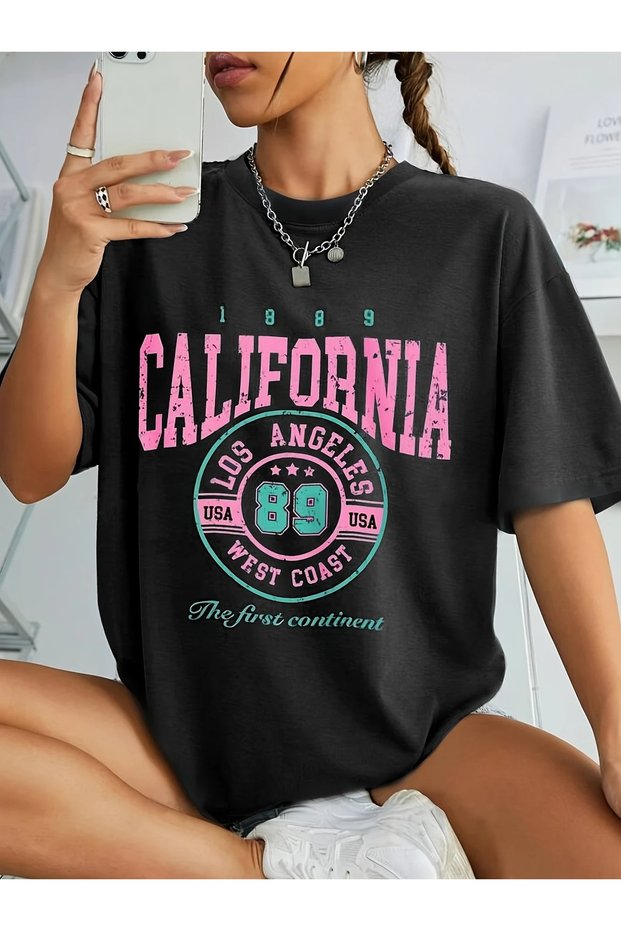 Women Fashion Casual T-Shirt, Artistic Alphabet Print with Polyester Crew Neck T-Shirt