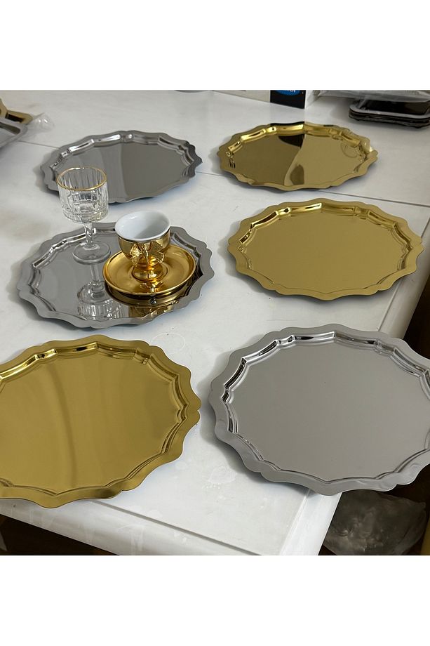 GOLD VE GÜMÜŞ YUVARLAK DALGALI 6 ADET SERVİS VE SUNUM TEPSİSİ - 3