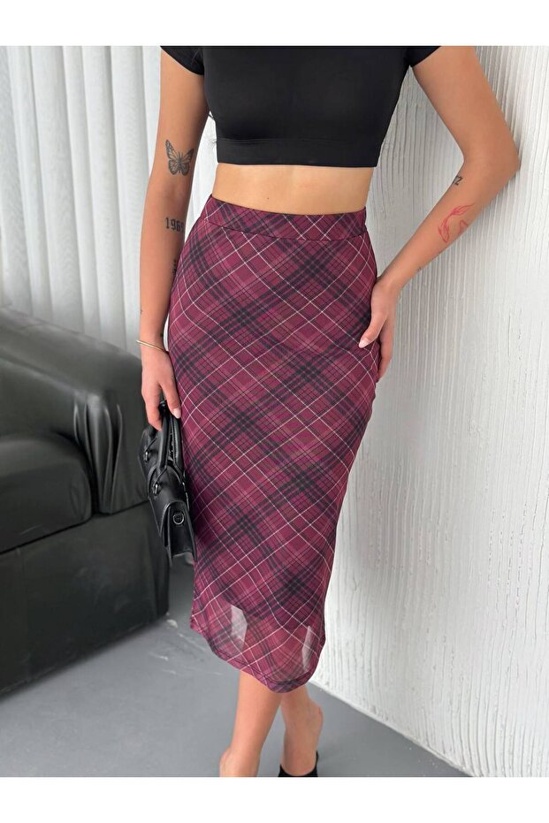 Plaid Patterned Tulle Skirt - 3