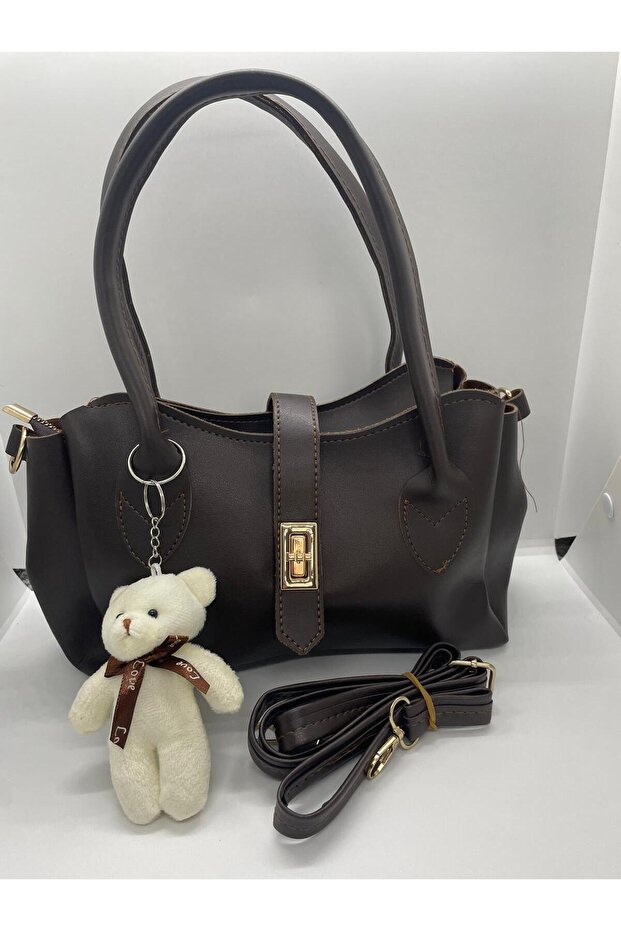 Women's Hand and Shoulder Bag with Lock Cover Zipper Teddy Bear Accessory