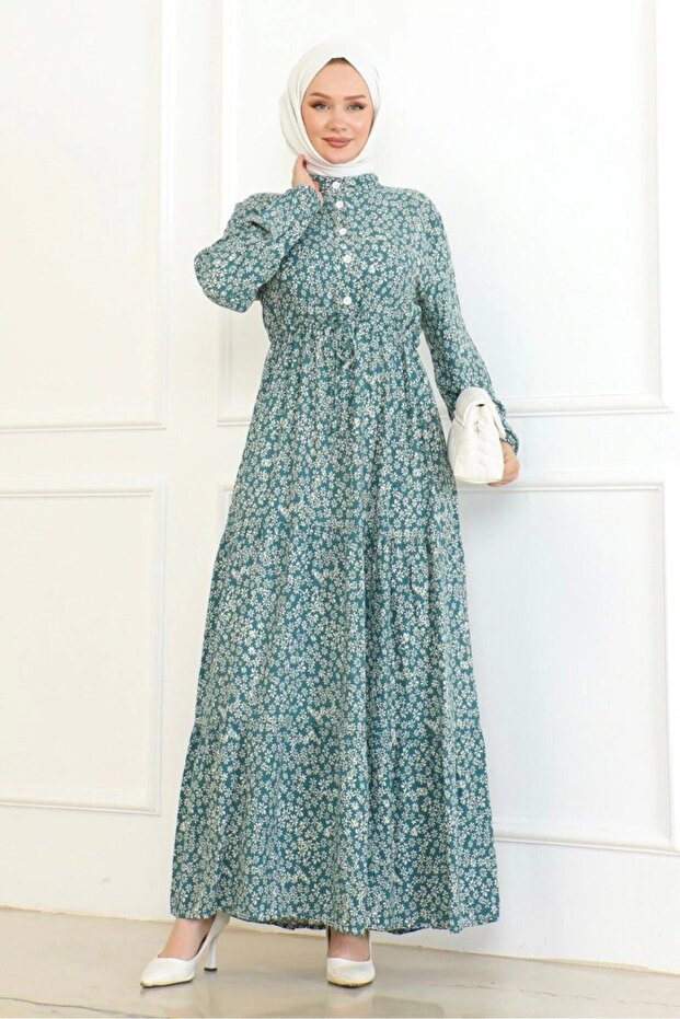 Daisy Patterned Viscose Dress - Water Green