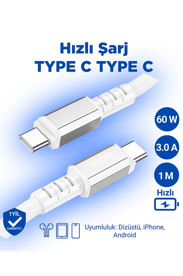 X85 60w 3a Type-c To Type-c Iphone Android Uyumlu Hızlı Şarj Veri Kablosu Beyaz 1 Metre - 1