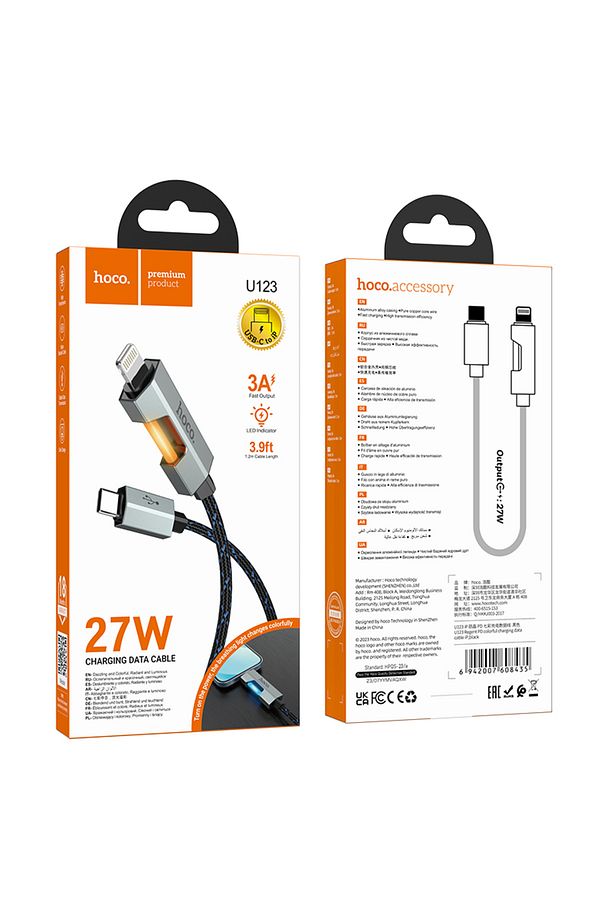 U123 27w 3a Pd Led Işıklı Iphone Uyumlu Lightning To Type-c Hızlı Şarj Veri Kablosu Siyah 1.2 Metre - 4