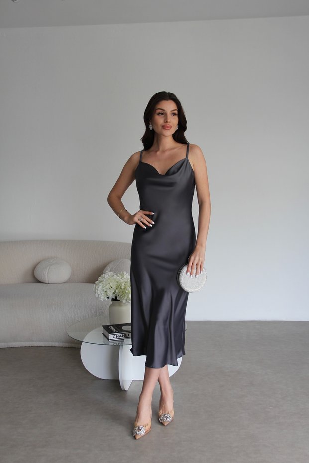 Strappy Neck Midi Length Premium Satin Dress
