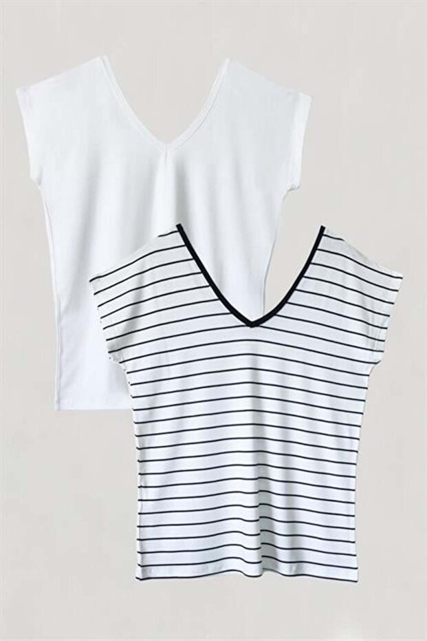 2 Pcs Front and Back V-Neck Basic Cotton T-Shirt - 1