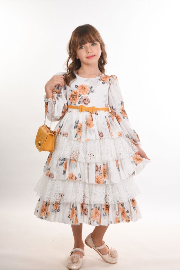 Girl's Floor-Length Dress with Flowers and Bag, Girl's Dress with Belt, Birthday Dress