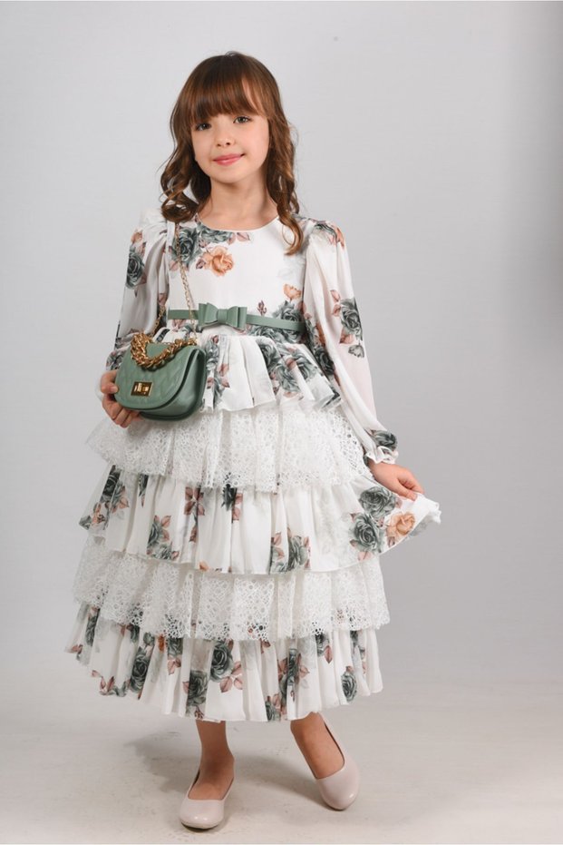 Girl's Floor-Length Dress with Flowers and Bag, Girl's Dress with Belt, Birthday Dress