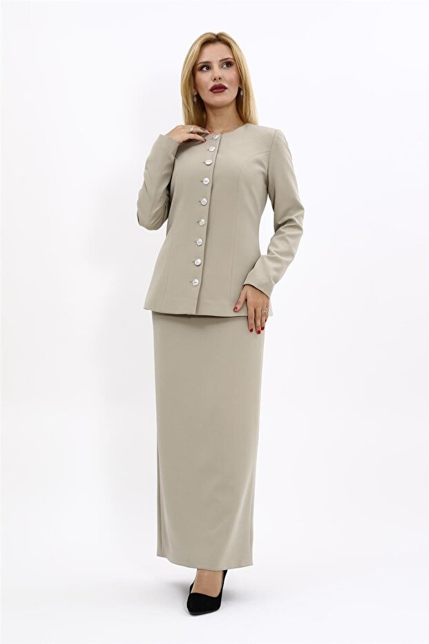 Zero Collar Buttoned Jacket & Long Straight Tight Skirt - Bamboo - 1064553