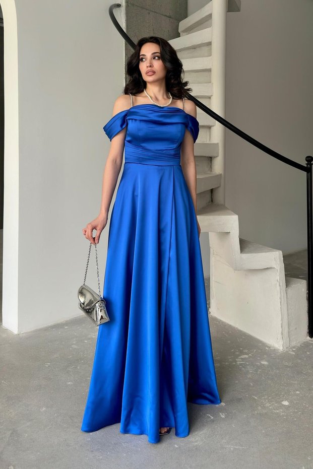 Cobalt Blue Stone Strap Low Sleeve Satin Evening Dress