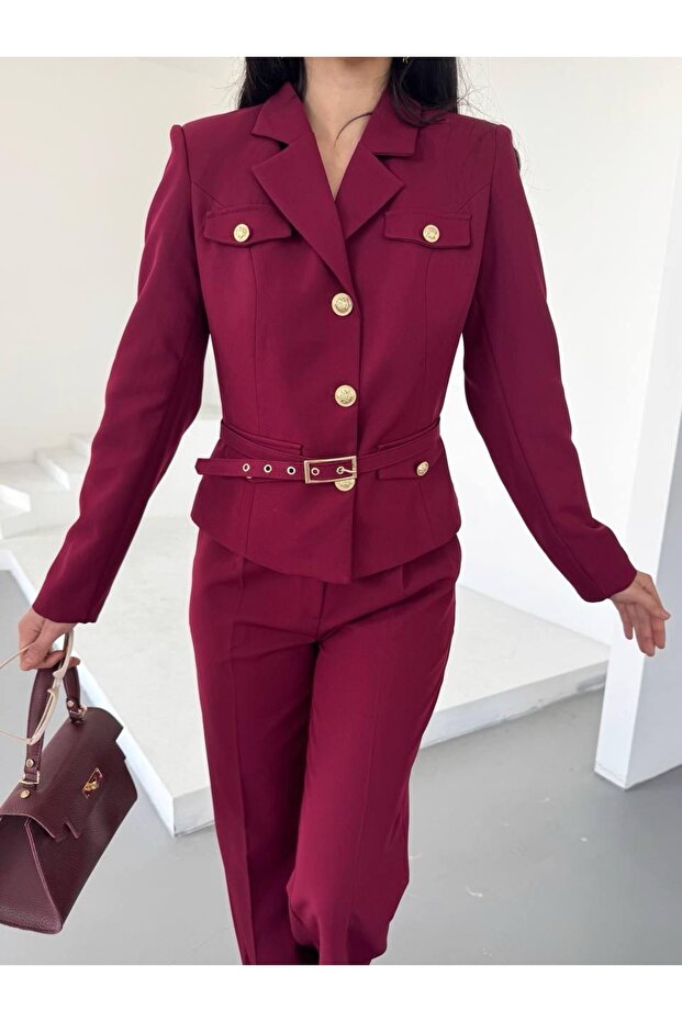 Gold Button Belted Two-Piece Blazer Set