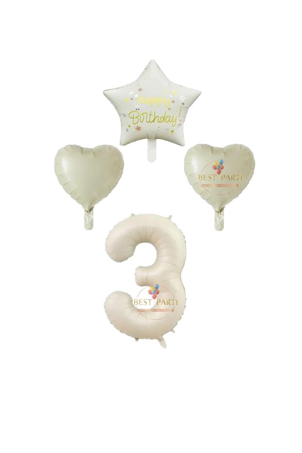 Best Cream Color Number Happy Birthday Written Star and Heart Foil Balloon Set Age 3
