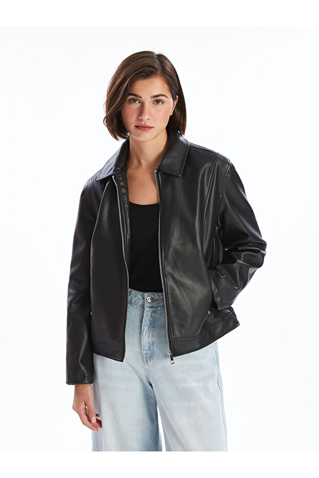 Nevavm Shirt Collar Women's Leather Look Jacket with a Difference