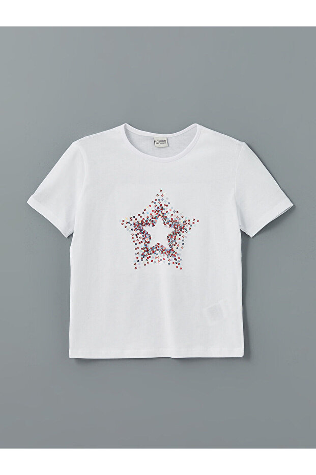 Lcw Kids White Crew Neck Sequin Embroidered Girls' T-Shirt