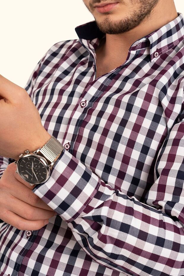 قميص Slimfit للرجال - أحمر داكن، أزرق داكن، مربعات، مع صندوق هدايا
