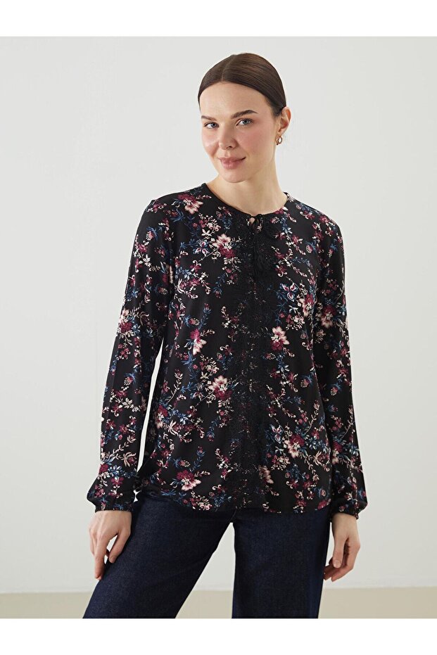 Lcw Grace Lace-Up Collar Floral Women's Blouse
