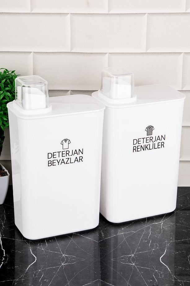 2'li Kendinden Ölçekli Deterjan Saklama Kabı Renkliler ve Beyazlar Etiketli Deterjanlık Set 3000 ml - 5