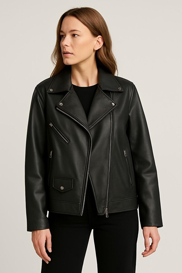 Oversize New Season P&B Women's Black Leather Jacket