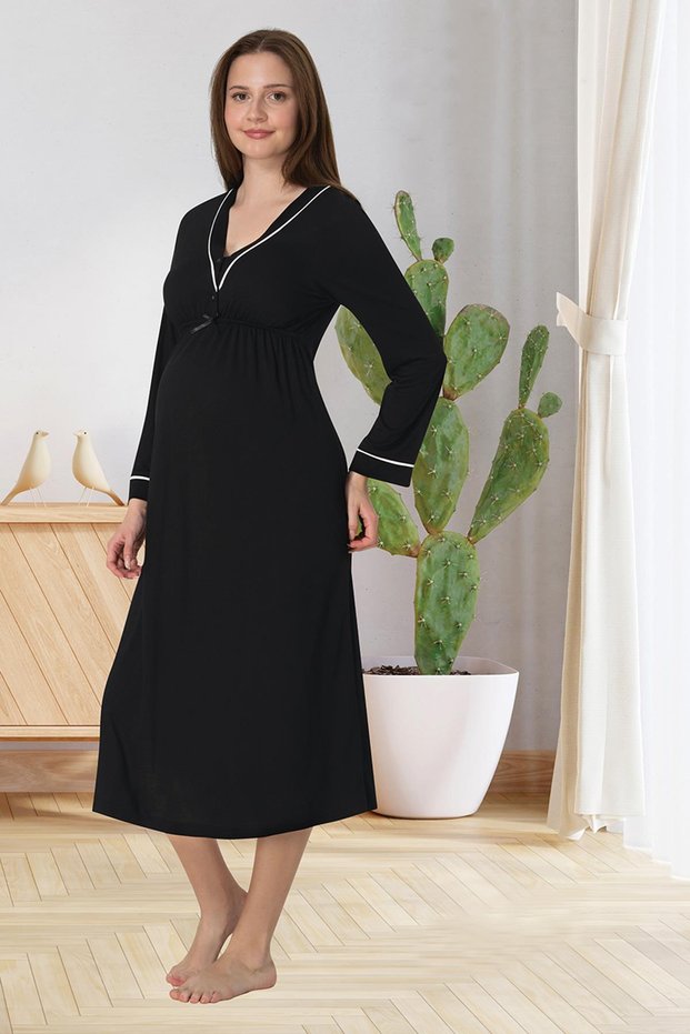 Women's Black Piping Detailed Special Design Long Sleeve Cotton Maternity Nightgown
