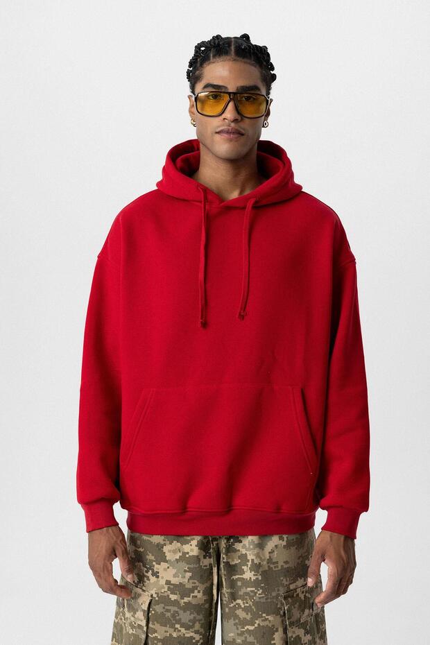 Basic Oversize Hooded Sweatshirt with Pocket Detail Red