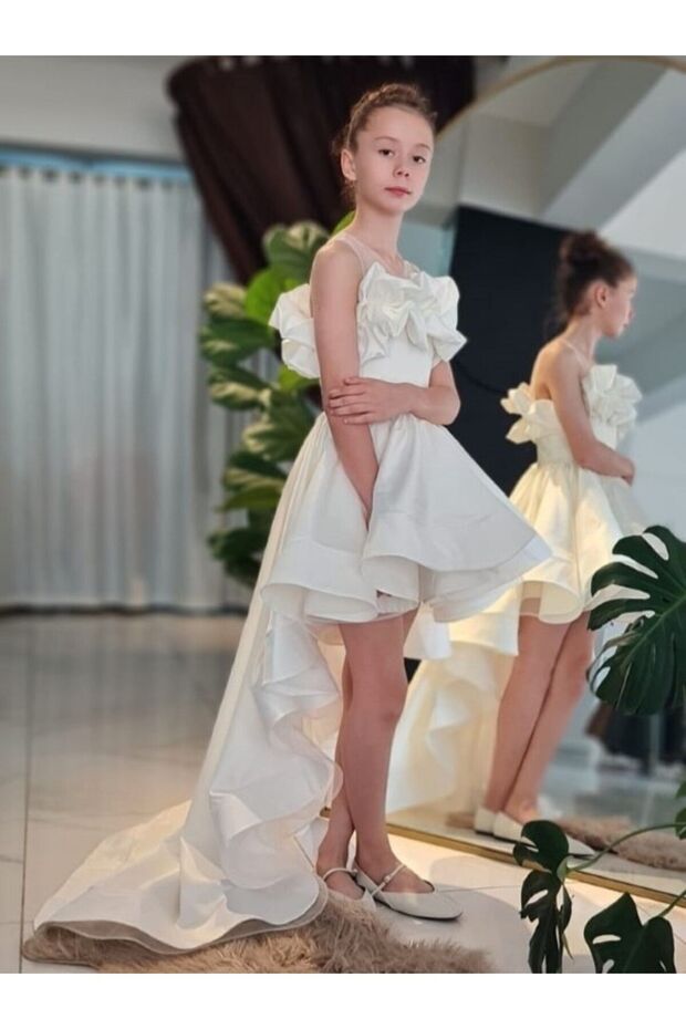 Children's Junior Sweep Train Satin Off White Evening Dress Graduation Dress