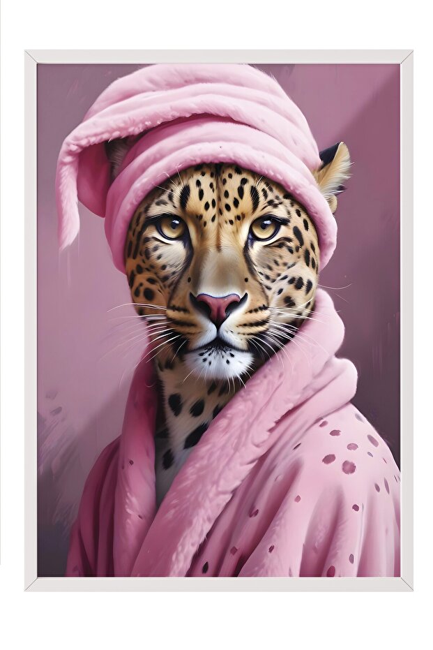 Beyaz Çerçeveli Tablo, Leopard In A Bathrobe, Comfort Serisi Mutfak Duvar Tablosu, NO:108927 - 1