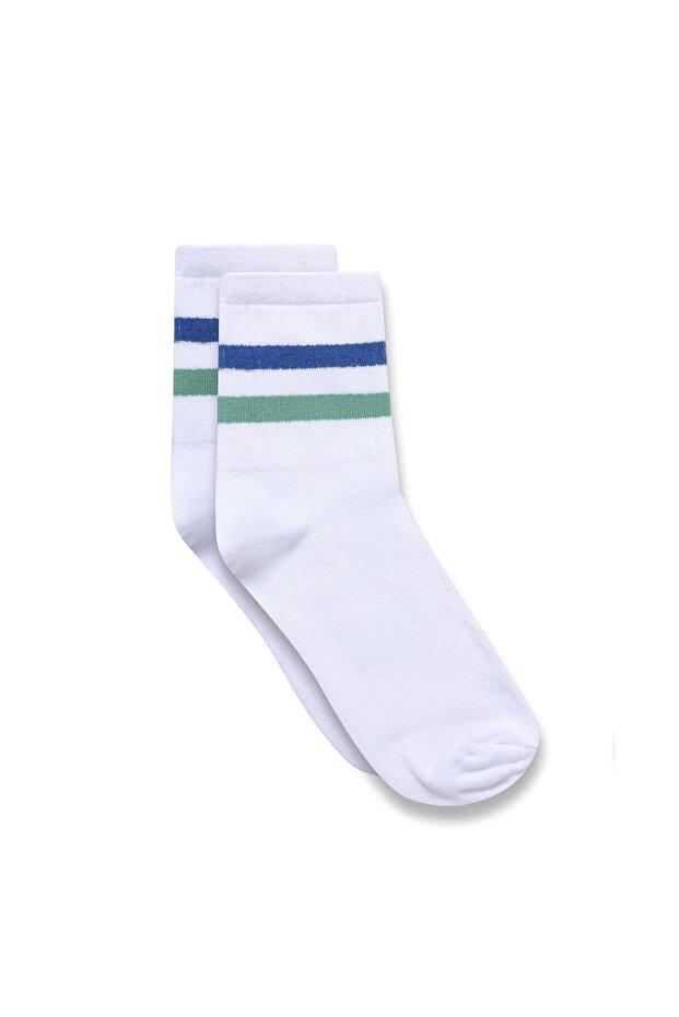 Şeritli Socket Çorap Beyaz - 1