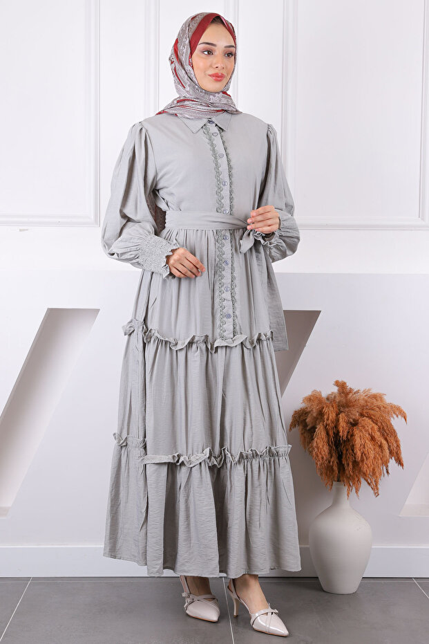 Gray Front Embroidered Waist Belted Dress