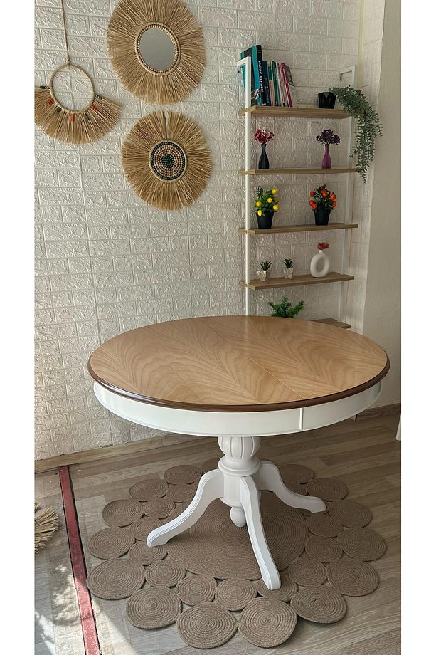 Concept Baba Ayaklı Masa Naturel Ahşap Yuvarlak Üst Tablalı Beyaz Ayaklı Açılır Masa (ÇAP 110 CM) - 4