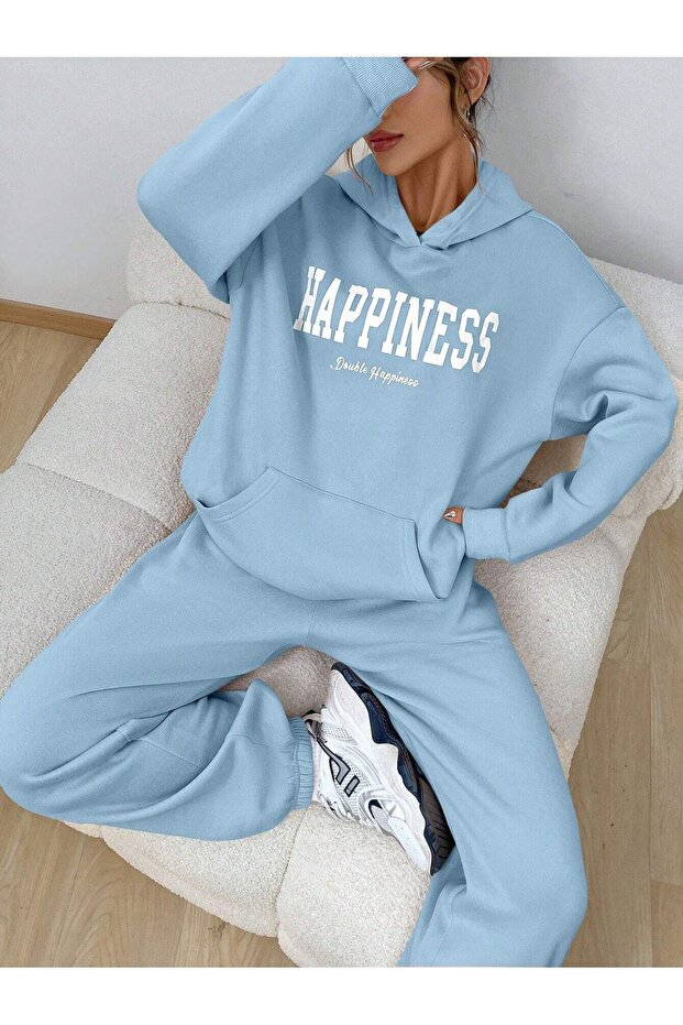Happiness Tracksuit Set Sweatshirt Jogger - Baby Blue Printed Oversize Hooded