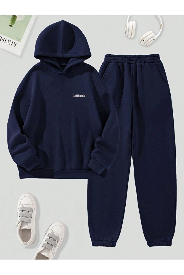 طقم بدلة رياضية مكتوب عليها كاليفورنيا سويت شيرت Jogger - غطاء رأس كبير الحجم مطبوع باللون الأزرق الداكن