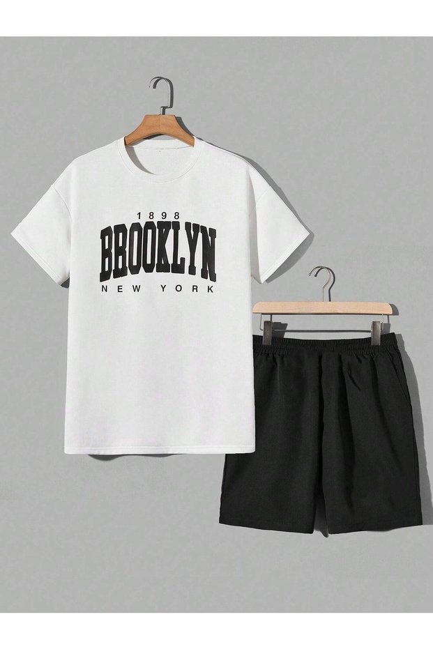 1898 Brooklyn T-Shirt Shorts - White Black Bottom Top Team Shorts T-Shirt Combo Printed Crew Neck