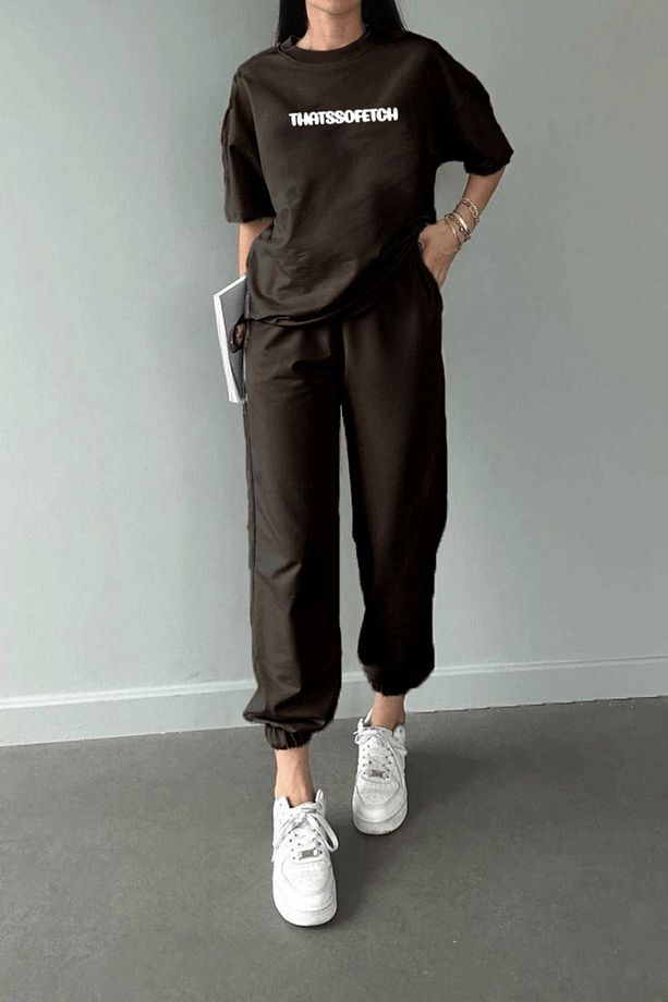 Thatssofetch T-shirt Eşofman Altı Jogger -Kahve Baskı Alt Üst Eşofman Takımı Oversize Bisiklet Yaka - 2