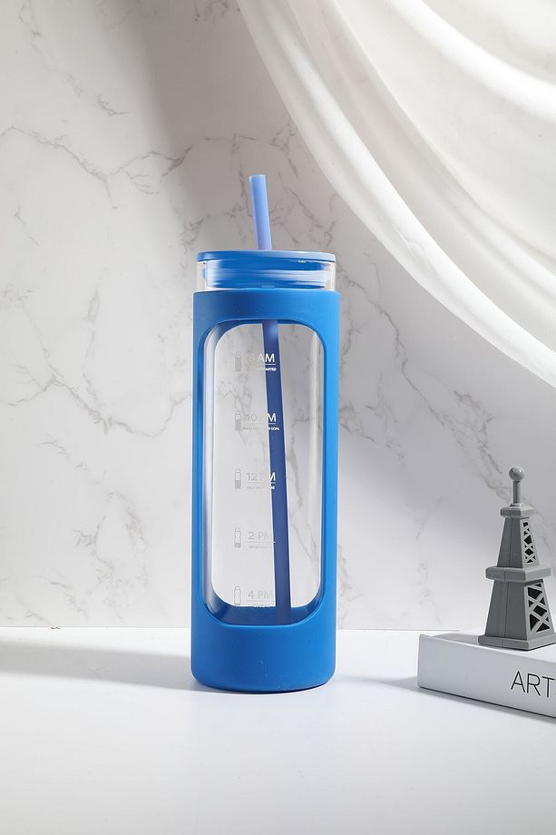 Silikon Kılıflı Pipetli Borosilikat Cam  Şişe (475ml) - Mavi - 5