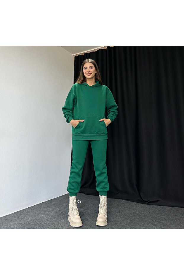 طقم بدلة رياضية غير مطبوعة سويت شيرت Jogger - أخضر كبير الحجم بقلنسوة