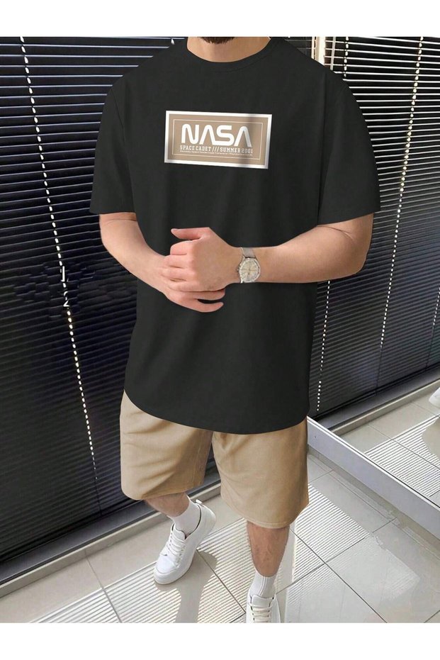 Nasa Summer T-Shirt Shorts - Black Beige Shorts T-Shirt Set Printed Oversize Crew Neck