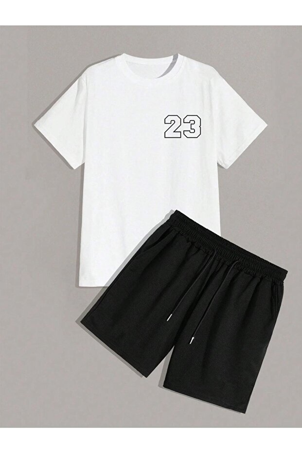 23 Count T-Shirt Shorts - White Black Bottom Top Team Shorts T-Shirt Combination Printed Crew Neck