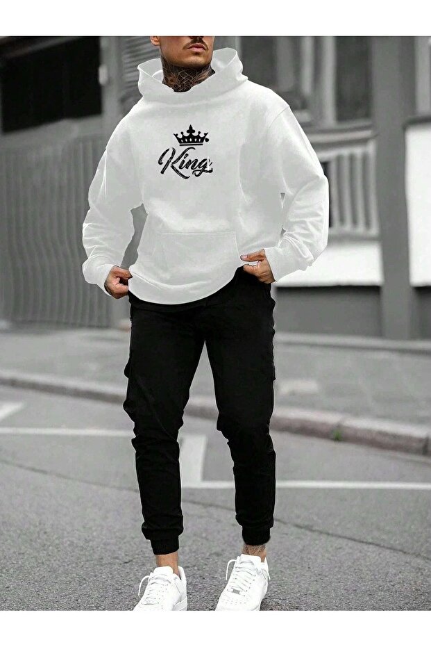 King Crown Tracksuit Set White Sweatshirt Black Jogger - Printed Oversize Hoodie