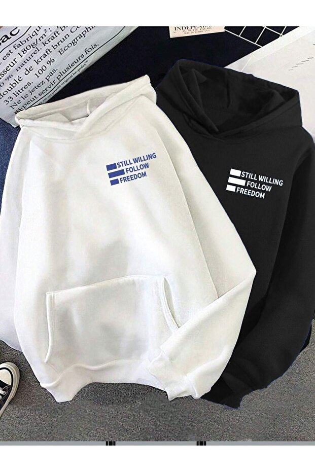 2-Piece Still Freedom Thick Winter Sweatshirt - Black and White Printed Oversize Hoodie