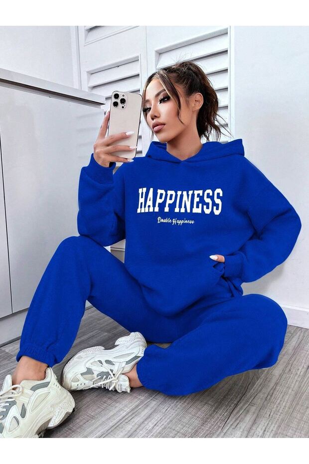 طقم بدلة رياضية Happiness Sweatshirt Jogger - Sax Blue مطبوع كبير الحجم بقلنسوة