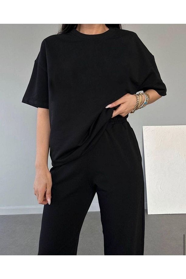 Basic T-shirt Eşofman Altı Jogger Siyah Düz Alt Üst Eşofman Takımı Oversize Bisiklet Yaka - 3