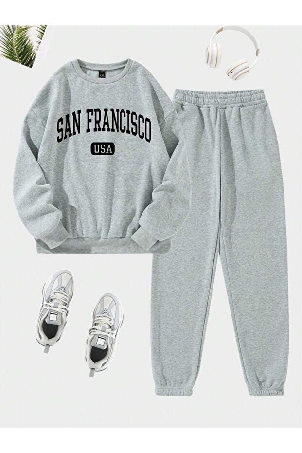 San Francisco USA Tracksuit Set Sweatshirt Jogger - Gray Printed Oversize Raised Crew Neck