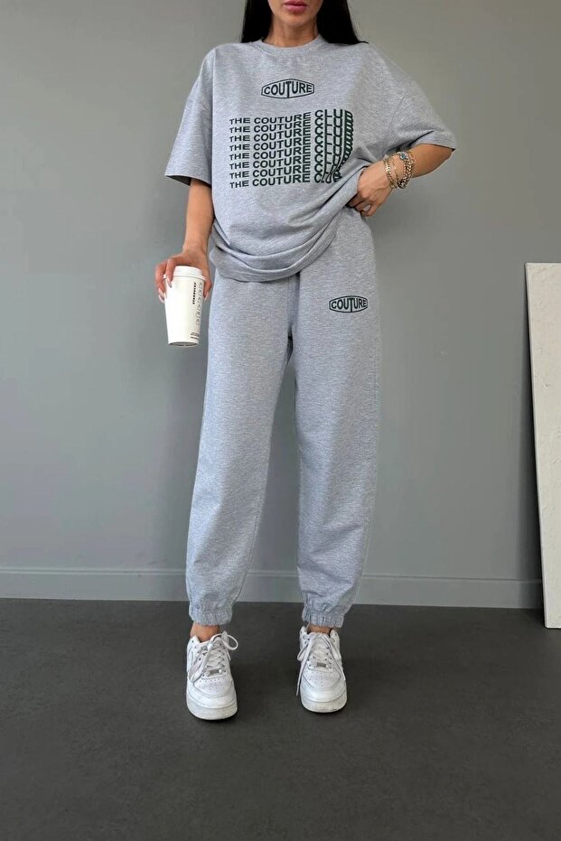 Couture Club T-Shirt Sweatpants Jogger- Gray Printed Bottom Top Sweat Suit Oversize Crew Neck