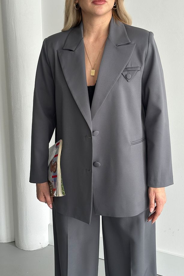 Kadın Antrasit Düğme Detay Blazer Ceket Pantolon Takım Elbise - 1