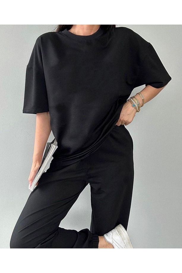 Basic T-shirt Eşofman Altı Jogger Siyah Düz Alt Üst Eşofman Takımı Oversize Bisiklet Yaka - 4