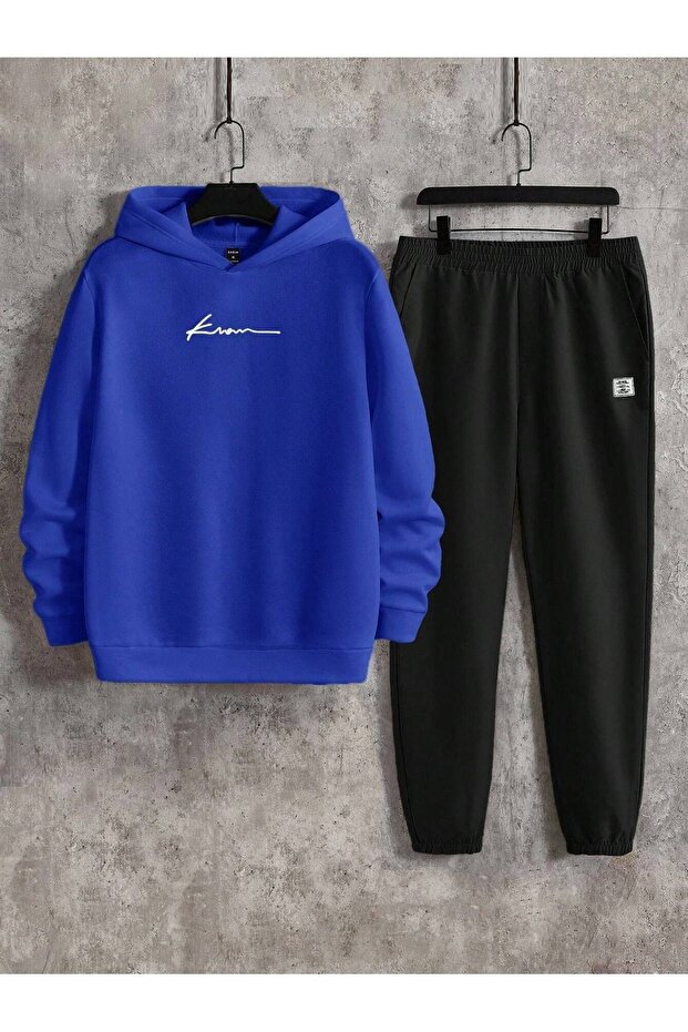Know Written Tracksuit Set Sweatshirt Jogger - Sax Blue Black Printed Oversize Ribbon Hoodie